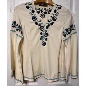 Double D Ranch Tunic Embroidered Cream Blouse Size M Boho Hippie Peasant